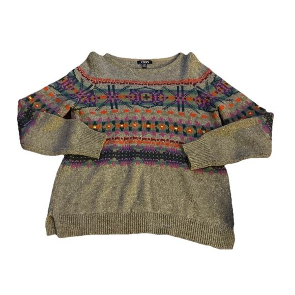 Chaps Knit Sweater Womens Medium L Gray Graphic Geometric Boho Aztec Casual Prep - Picture 1 of 5